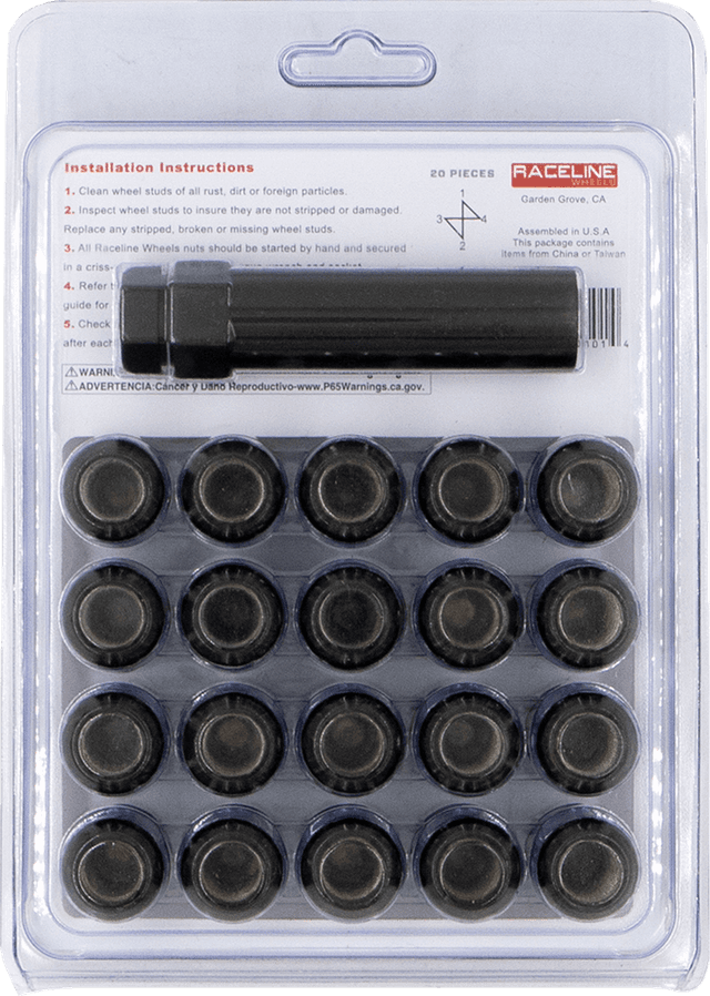 RACELINE WHEELS 0223-0271 Lug Nuts - Spline Socket - 12 mm x 1.5" - with Spline Key - Black - 20 Pack — image 2 of 3