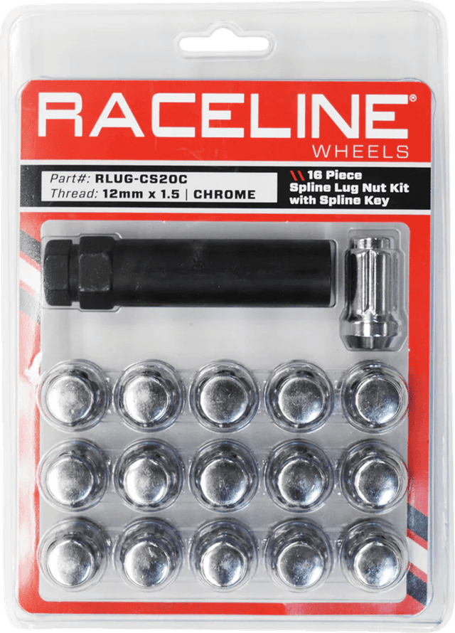 RACELINE WHEELS 0223-0272 Lug Nuts - Spline Socket - 12 mm x 1.5" - with Spline Key - Chrome - 16 Pack