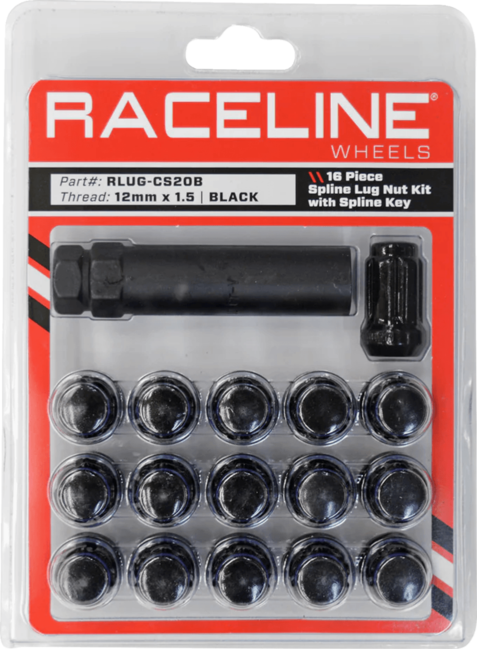 RACELINE WHEELS 0223-0273 Lug Nuts - Spline Socket - 12 mm x 1.5" - with Spline Key - Black - 16 Pack