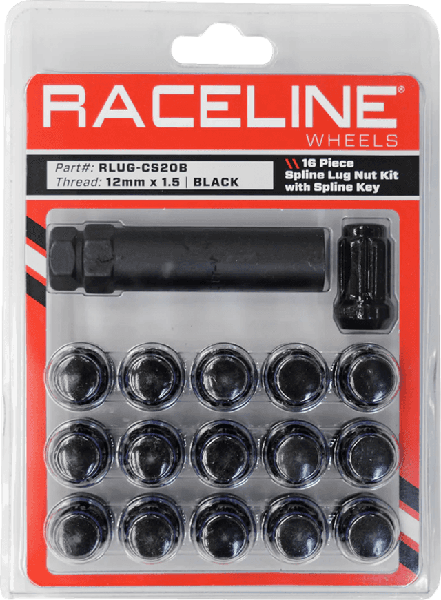RACELINE WHEELS 0223-0273 Lug Nuts - Spline Socket - 12 mm x 1.5" - with Spline Key - Black - 16 Pack