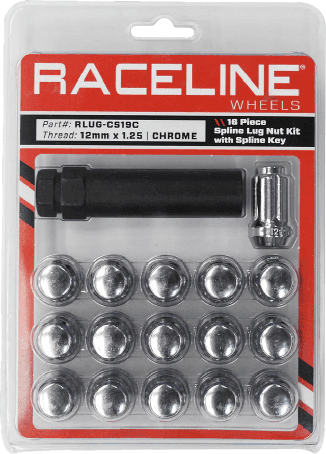 RACELINE WHEELS 0223-0274 Lug Nuts - Spline Socket - 12 mm x 1.25" - with Spline Key - Chrome - 16 Pack