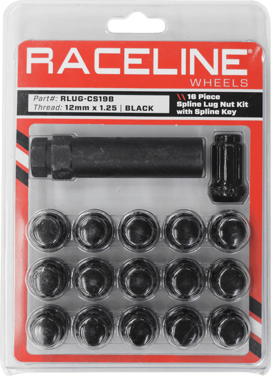 RACELINE WHEELS 0223-0275 Lug Nuts - Spline Socket - 12 mm x 1.25" - with Spline Key - Black - 16 Pack