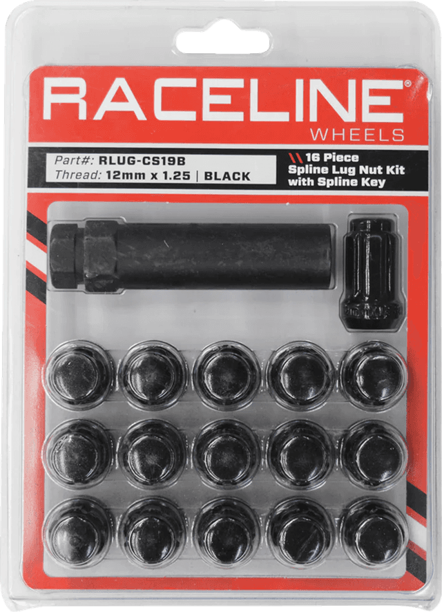 RACELINE WHEELS 0223-0275 Lug Nuts - Spline Socket - 12 mm x 1.25" - with Spline Key - Black - 16 Pack
