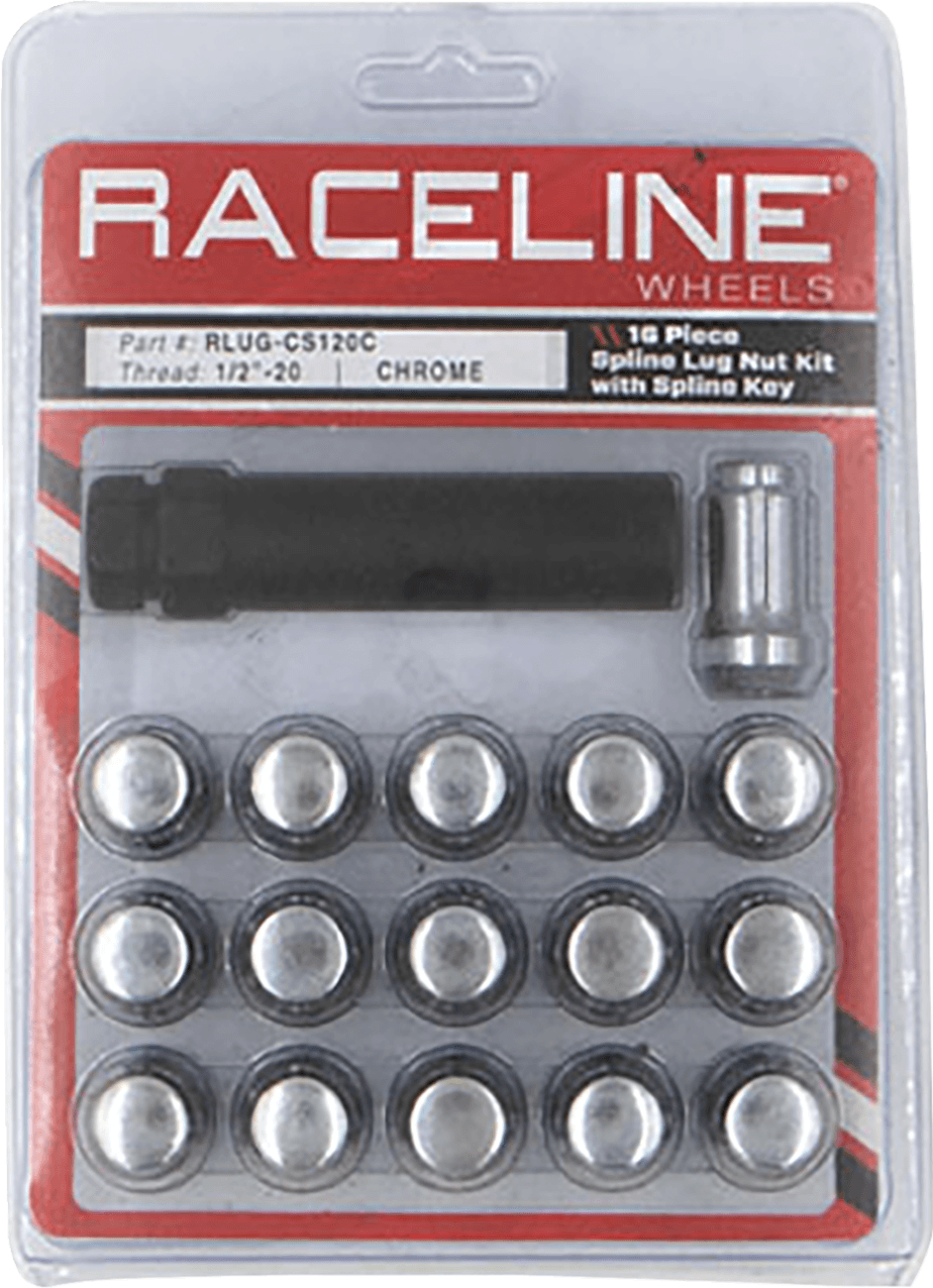 RACELINE WHEELS 0223-0276 Lug Nuts - Spline Socket - 1/2"-20 - with Spline Key - Chrome - 16 Pack