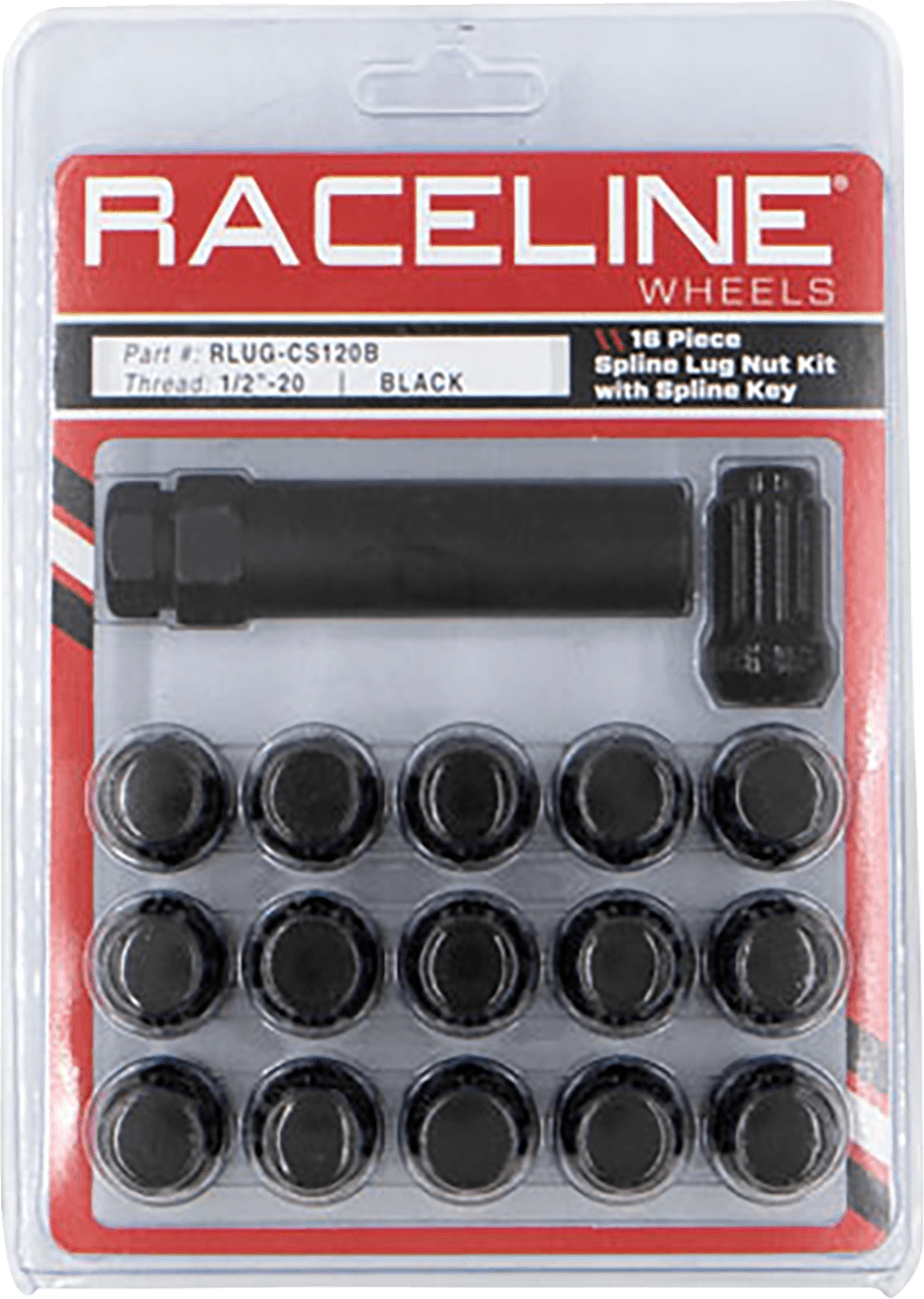 RACELINE WHEELS 0223-0277 Lug Nuts - Spline Socket - 1/2"-20 - with Spline Key - Black - 16 Pack