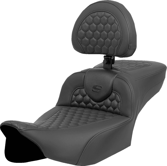 SADDLEMEN 0801-2047 Heated RoadSofa™ Seat - Extended Reach - Honeycomb Stitch - w/ Backrest - FLT/FLH ’23-‘24 — image 1 of 2