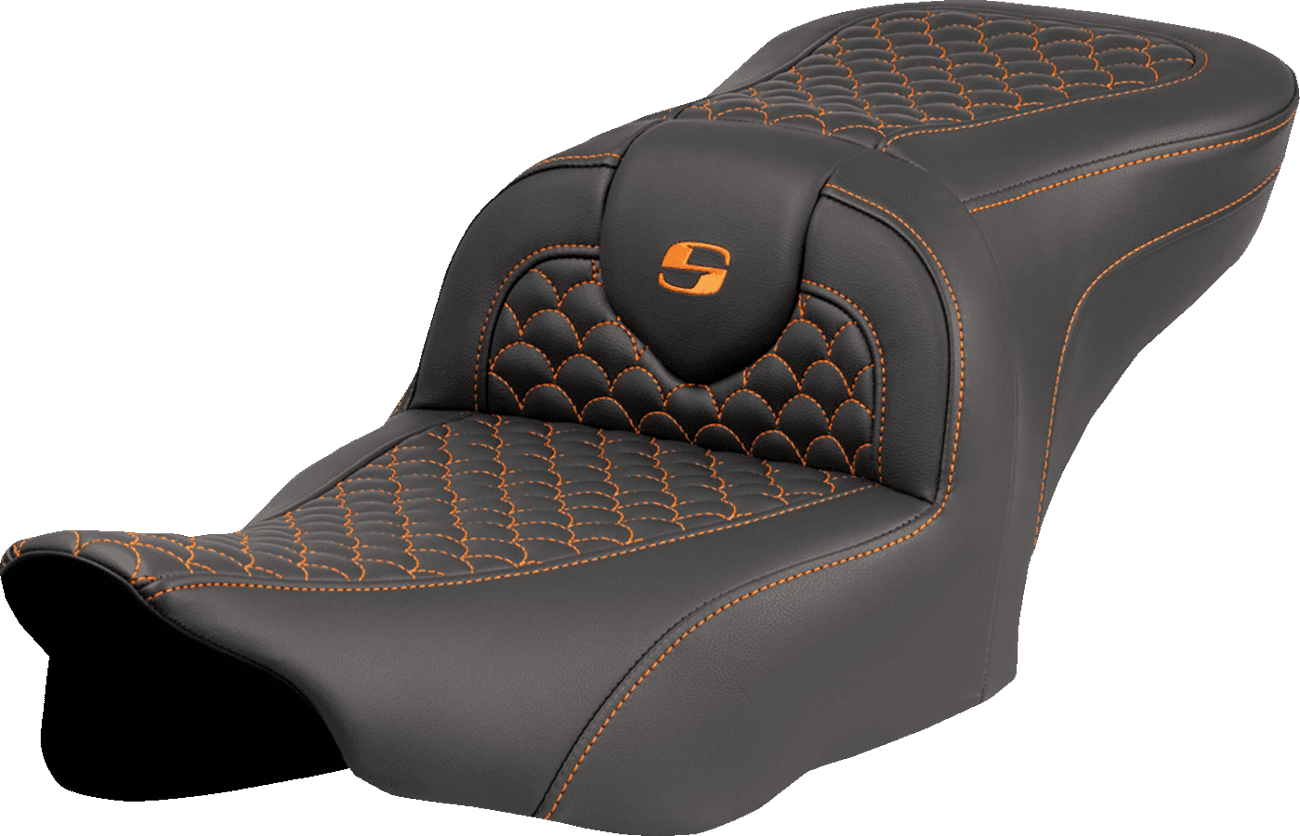 SADDLEMEN 0801-2065 Roadsofa™ Seat - Dragon Scale Stitch - Orange Stitch - w/o Backrest - FLTR/FLHX '23-'24
