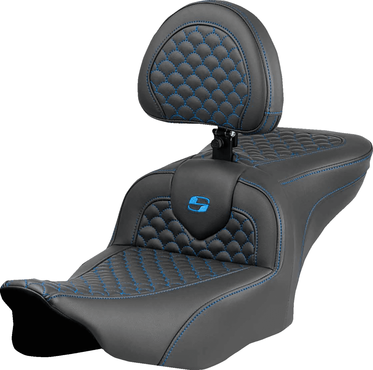 SADDLEMEN 0801-2070 Roadsofa™ Seat - Dragon Scale Stitch - Blue Stitch - w/ Backrest - FLTR/FLHX '23-'24