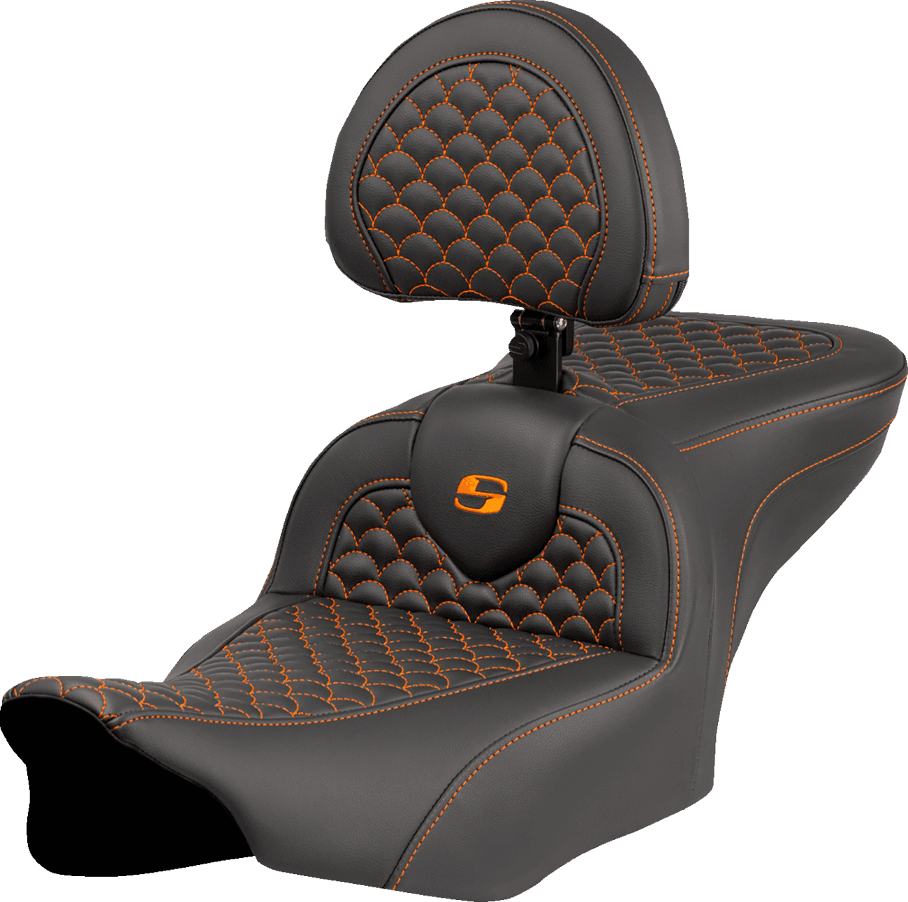 SADDLEMEN 0801-2072 Roadsofa™ Seat - Dragon Scale Stitch - Orange Stitch - w/ Backrest - FLTR/FLHX '23-'24