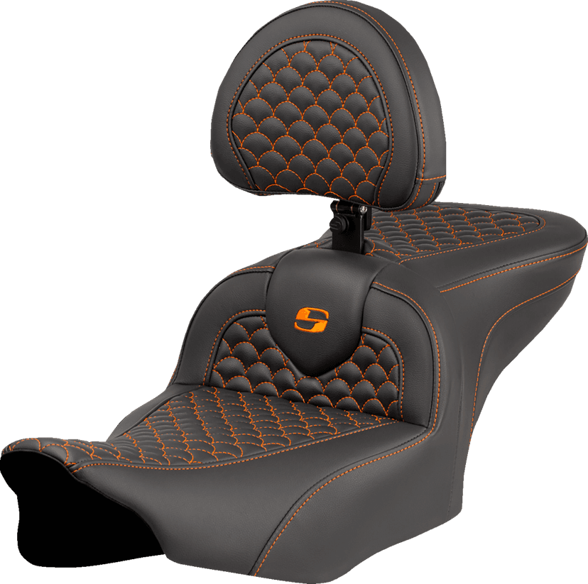 SADDLEMEN 0801-2072 Roadsofa™ Seat - Dragon Scale Stitch - Orange Stitch - w/ Backrest - FLTR/FLHX '23-'24