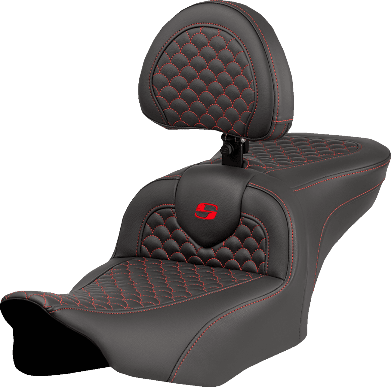 SADDLEMEN 0801-2073 Roadsofa™ Seat - Dragon Scale Stitch - Red Stitch - w/ Backrest - FLTR/FLHX '23-'24