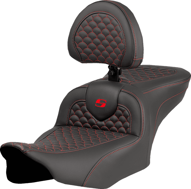 SADDLEMEN 0801-2073 Roadsofa™ Seat - Dragon Scale Stitch - Red Stitch - w/ Backrest - FLTR/FLHX '23-'24