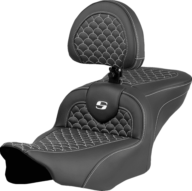 SADDLEMEN 0801-2075 Roadsofa™ Seat - Dragon Scale Stitch - White Stitch - w/ Backrest - FLTR/FLHX '23-'24