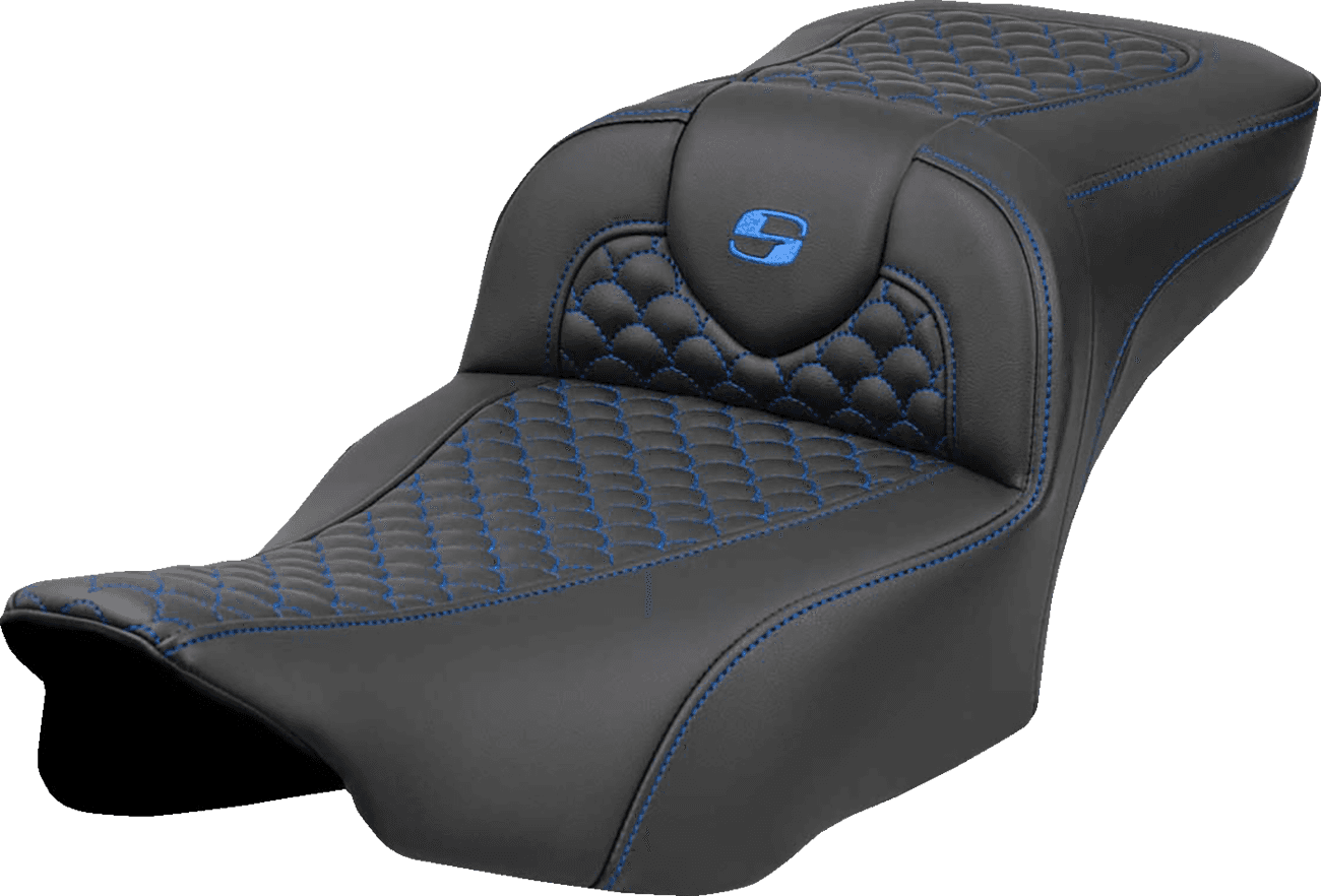 SADDLEMEN 0801-2077 Roadsofa™ Extended Reach Seat - Dragon Scale Stitch - Blue Stitch-w/o Backrest - FLTR/FLHX '23-'24