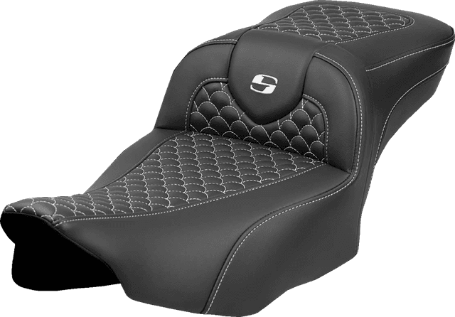 SADDLEMEN 0801-2082 Roadsofa™ Extended Reach Seat - Dragon Scale Stitch - White Stitch - w/o Backrest - FLT/FLH '23-'24 — image 1 of 2