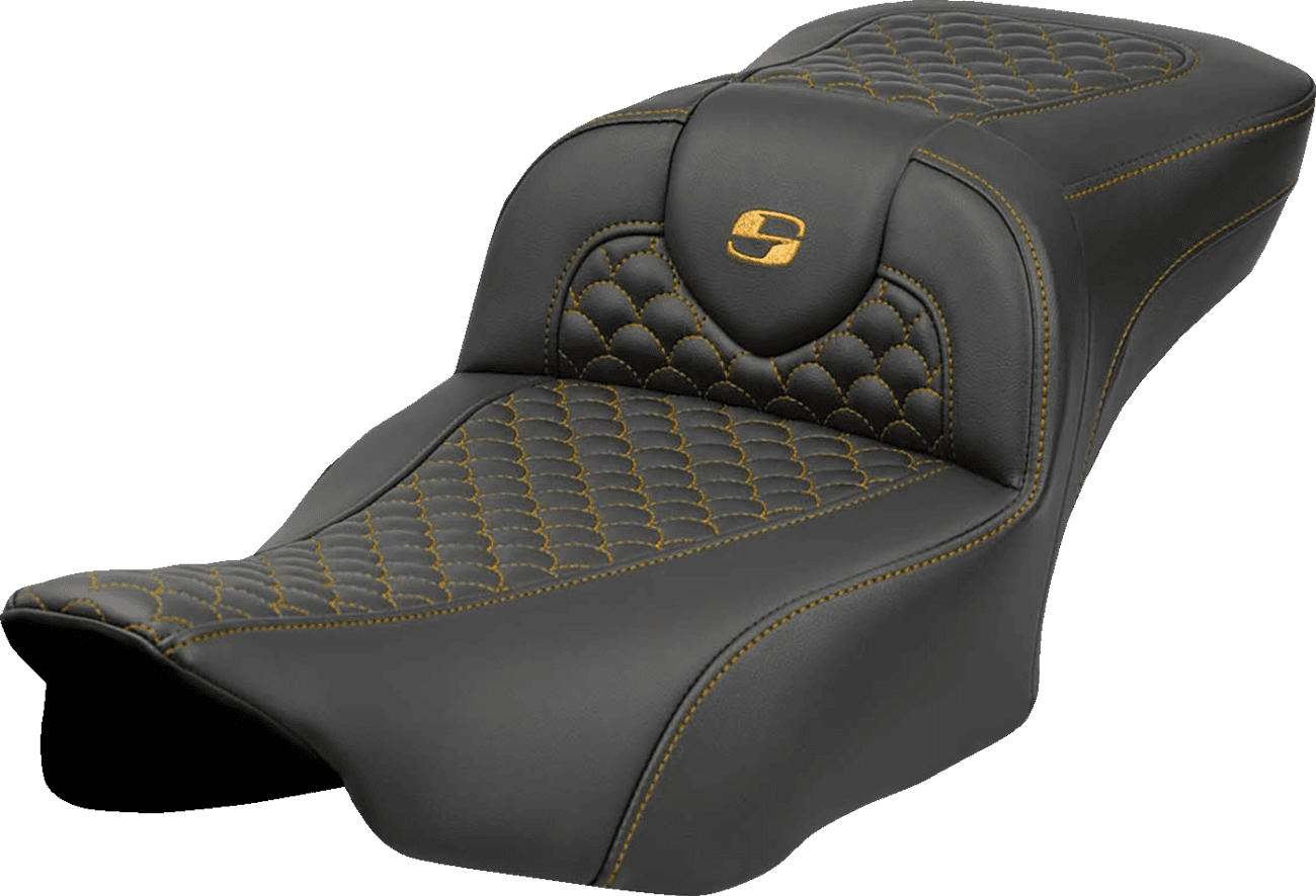 SADDLEMEN 0801-2083 Roadsofa™ Extended Reach Seat - Dragon Scale Stitch - Gold Stitch - w/o Backrest - FLTR/FLHX '23-'24