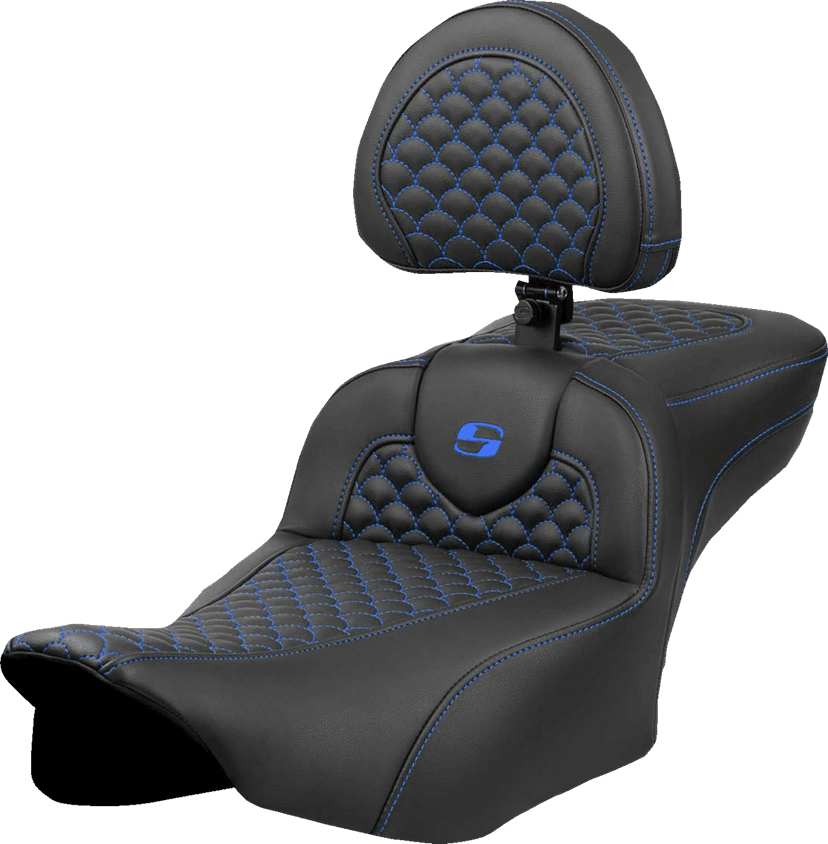 SADDLEMEN 0801-2084 Roadsofa™ Extended Reach Seat - Dragon Scale Stitch - Blue Stitch - w/ Backrest - FLTR/FLHX '23-'24 — image 1 of 2