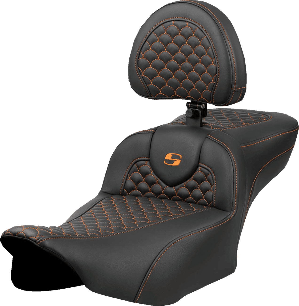 SADDLEMEN 0801-2086 Roadsofa™ Extended Reach Seat - Dragon Scale Stitch - Orange Stitch - w/ Backrest - FLT/FLH '23-'24