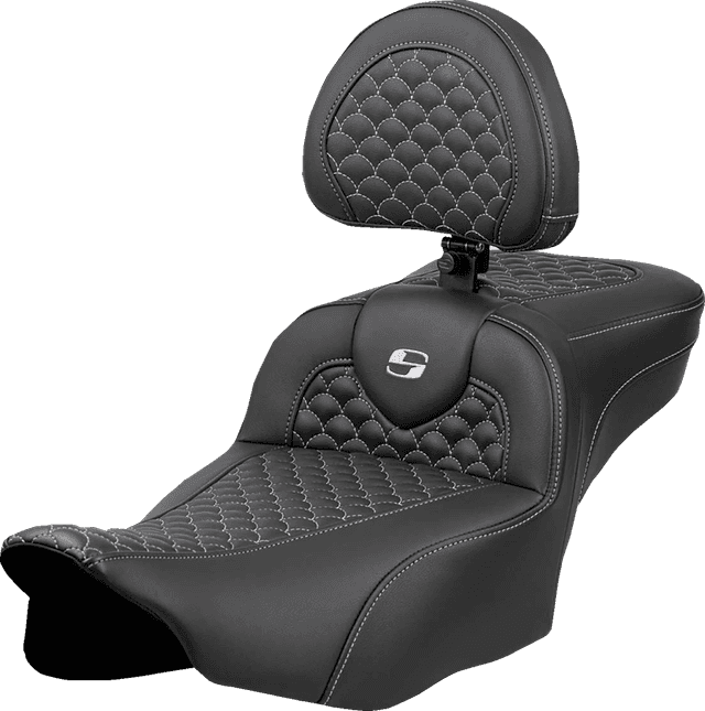 SADDLEMEN 0801-2088 Roadsofa™ Extended Reach Seat - Dragon Scale Stitch - Silver Stitch - w/ Backrest - FLT/FLH '23-'24 — image 1 of 2