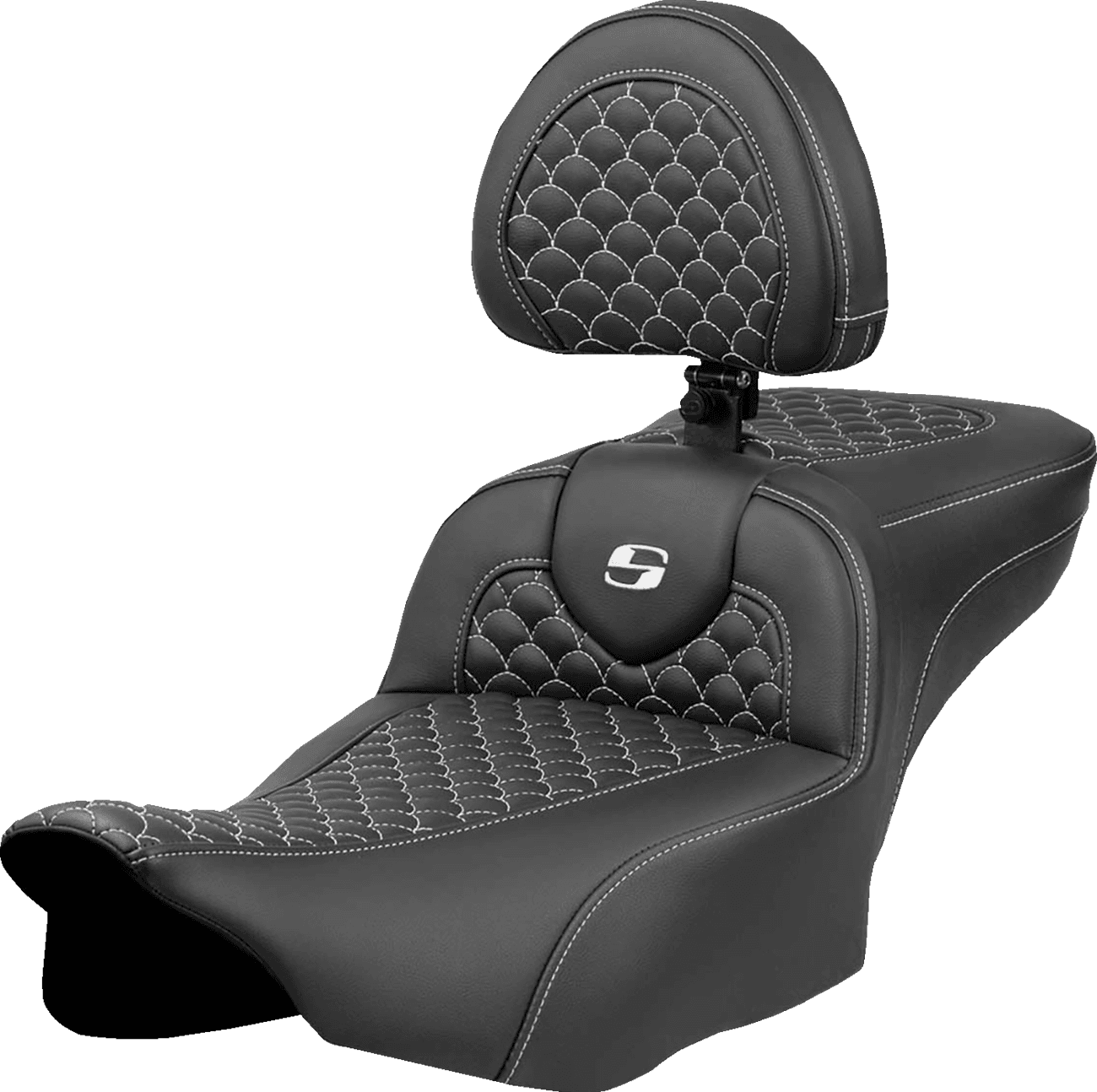 SADDLEMEN 0801-2089 Roadsofa™ Extended Reach Seat - Dragon Scale Stitch - White Stitch - w/ Backrest - FLTR/FLHX '23-'24