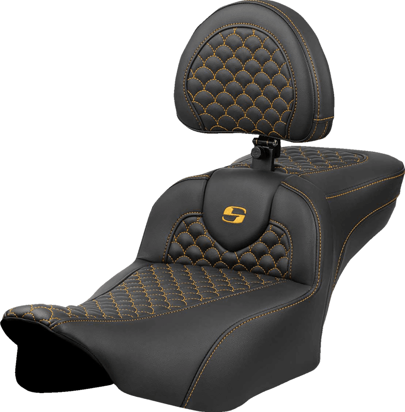 SADDLEMEN 0801-2090 Roadsofa™ Extended Reach Seat - Dragon Scale Stitch - Gold Stitch - w/ Backrest - FLTR/FLHX '23-'24 — image 1 of 2