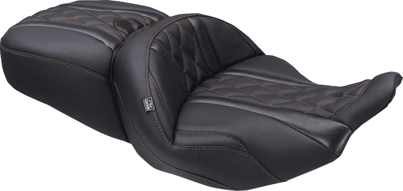 MUSTANG 0801-2130 Deluxe One-Piece, 2-Up Seat - Diamond - Mandarin Orange Stitch - FLT/FLH '23-'25