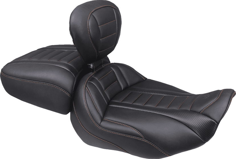 MUSTANG 0801-2161 Deluxe Touring Solo Seat - w/ Backrest - Mandarin Orange Stitch - FLT/FLH '23-'25 — image 1 of 2
