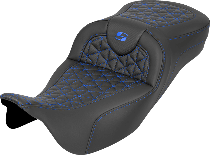 SADDLEMEN 0801-2191 RoadSofa™ Tri Gripper Seat - Extended Reach - Blue Stitch - w/o Backrest - FLH/FLT '08-'25