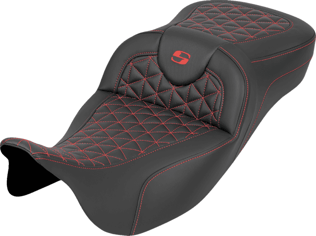 SADDLEMEN 0801-2194 RoadSofa™ Tri Gripper Seat - Extended Reach - Red Stitch - w/o Backrest - FLH/FLT '08-'25