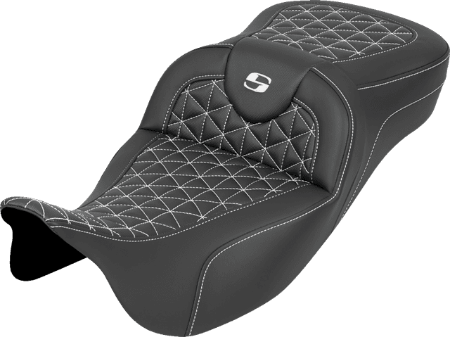 SADDLEMEN 0801-2196 RoadSofa™ Tri Gripper Seat - Extended Reach - White Stitch - w/o Backrest - FLH/FLT '08-'25
