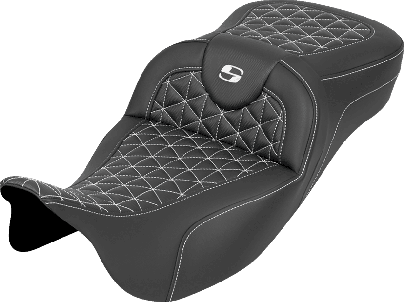 SADDLEMEN 0801-2196 RoadSofa™ Tri Gripper Seat - Extended Reach - White Stitch - w/o Backrest - FLH/FLT '08-'25