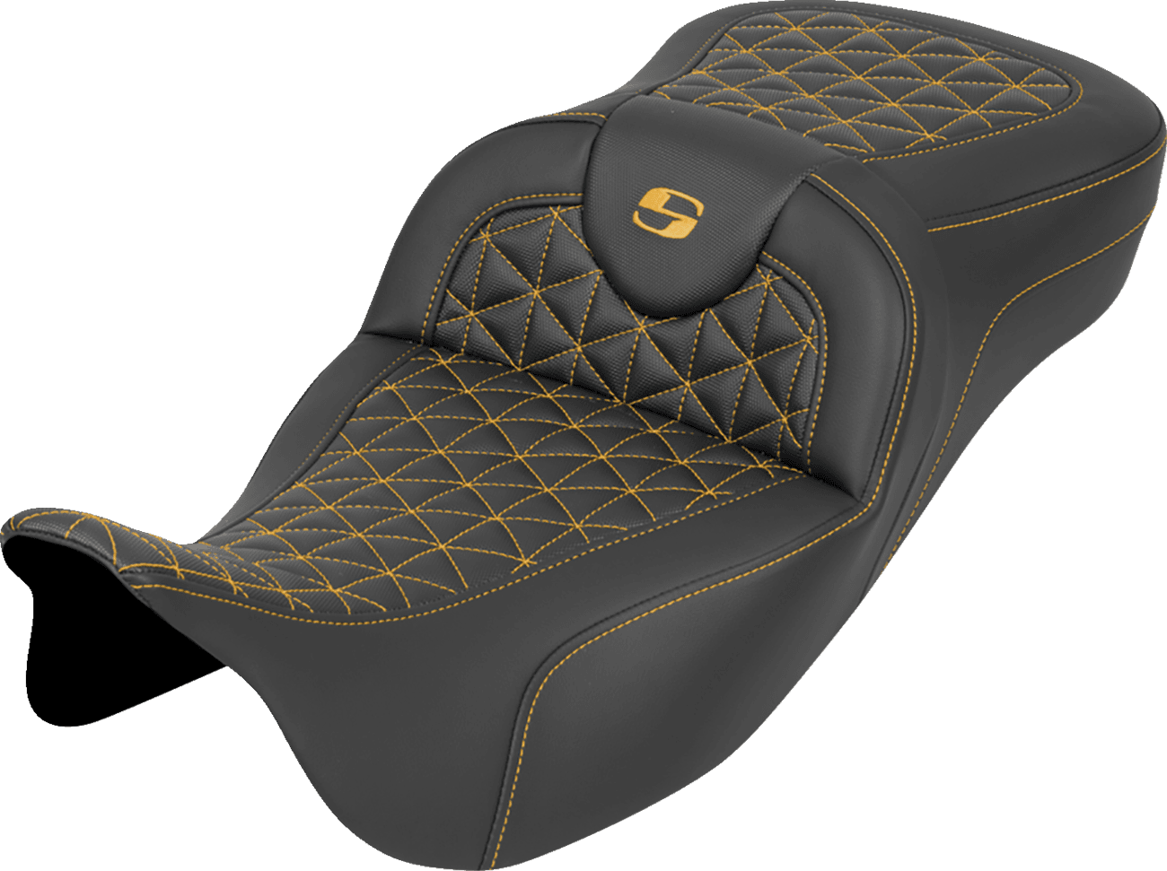 SADDLEMEN 0801-2197 RoadSofa™ Tri Gripper Seat - Extended Reach - Gold Stitch - w/o Backrest - FLH/FLT '08-'25