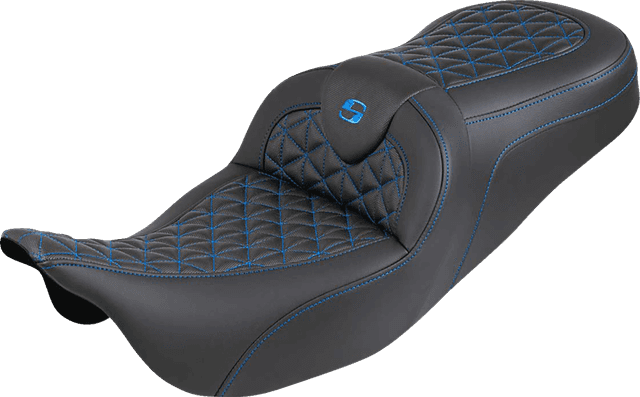 SADDLEMEN 0801-2198 RoadSofa™ Tri Gripper Seat - Standard Reach - Blue Stitch - w/o Backrest - FLH/FLT '08-'25