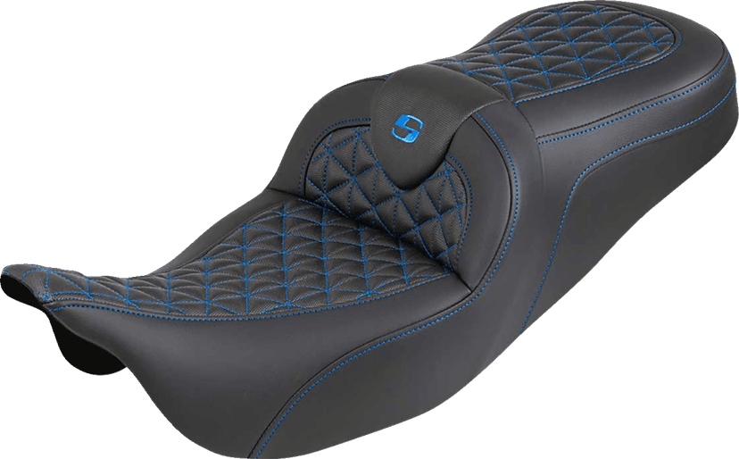 SADDLEMEN 0801-2198 RoadSofa™ Tri Gripper Seat - Standard Reach - Blue Stitch - w/o Backrest - FLH/FLT '08-'25