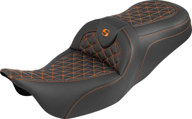 SADDLEMEN 0801-2200 RoadSofa™ Tri Gripper Seat - Standard Reach - Orange Stitch - w/o Backrest - FLH/FLT '08-'25
