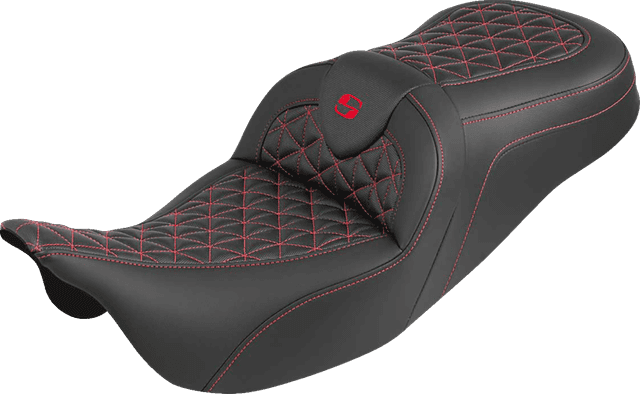 SADDLEMEN 0801-2201 RoadSofa™ Tri Gripper Seat - Standard Reach - Red Stitch - w/o Backrest - FLH/FLT '08-'25