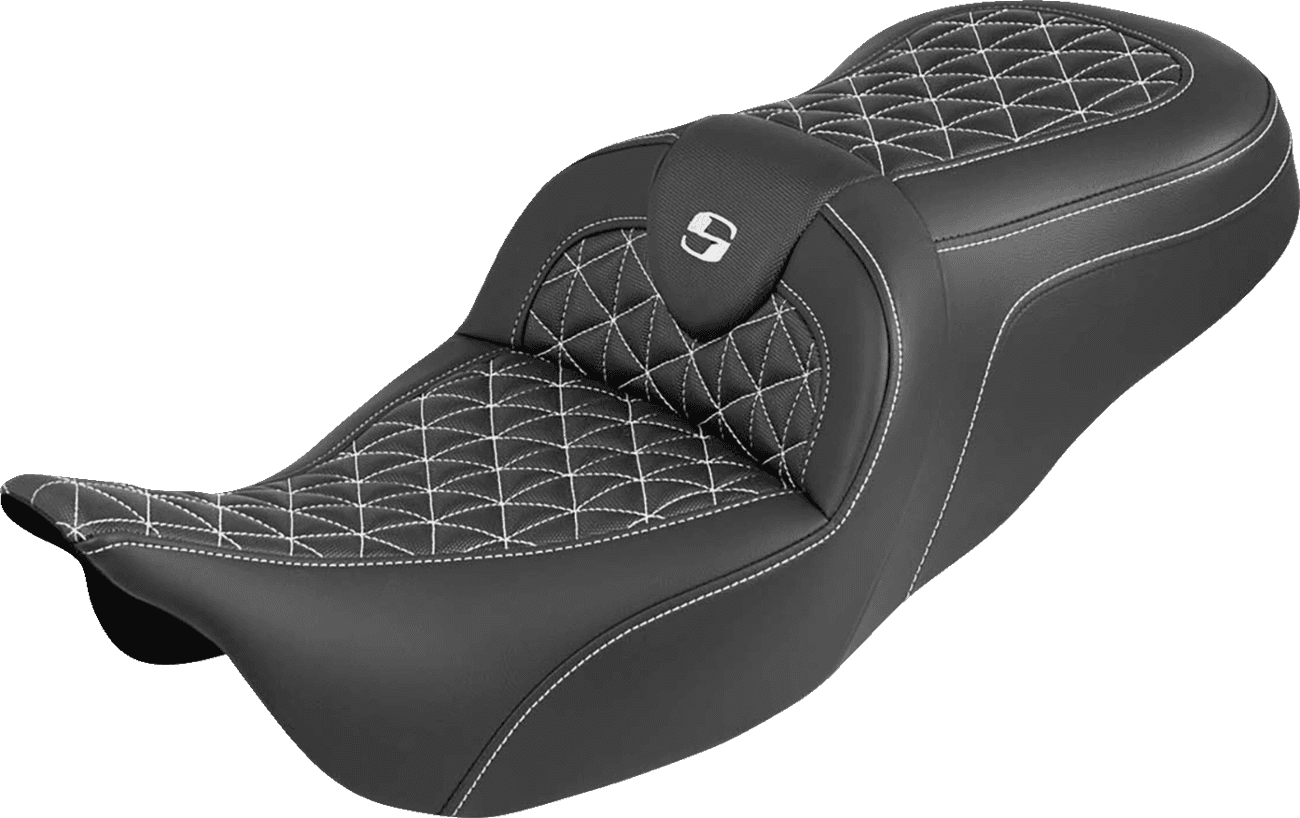 SADDLEMEN 0801-2203 RoadSofa™ Tri Gripper Seat - Standard Reach - White Stitch - w/o Backrest - FLH/FLT '08-'25