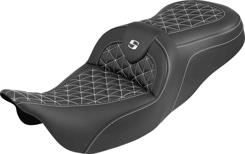 SADDLEMEN 0801-2203 RoadSofa™ Tri Gripper Seat - Standard Reach - White Stitch - w/o Backrest - FLH/FLT '08-'25
