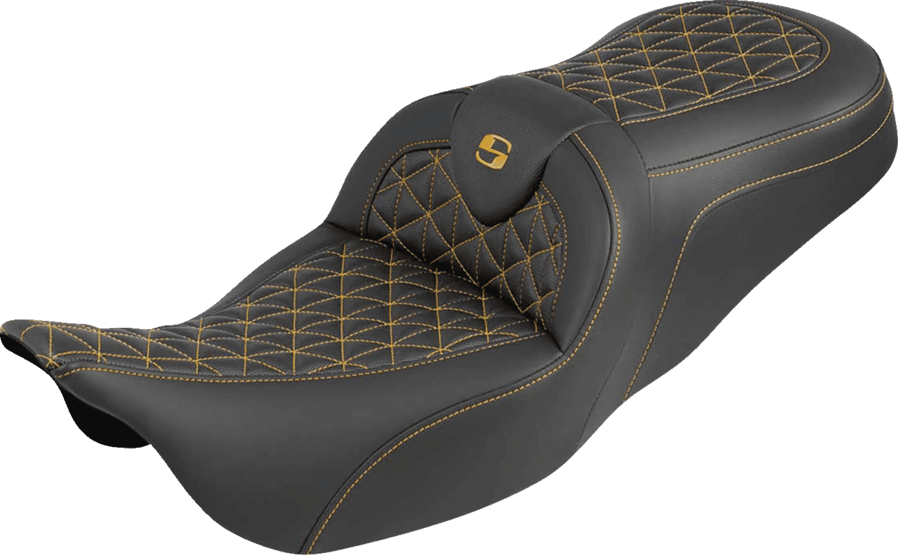 SADDLEMEN 0801-2204 RoadSofa™ Tri Gripper Seat - Standard Reach - Gold Stitch - w/o Backrest - FLH/FLT '08-'25