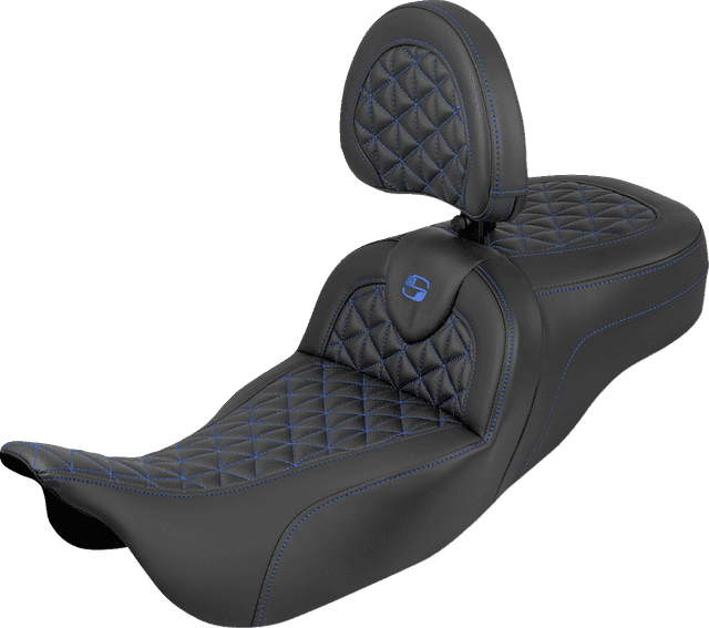 SADDLEMEN 0801-2205 RoadSofa™ Tri Gripper Seat - Extended Reach - Blue Stitch - w/ Backrest - FLH/FLT '08-'25