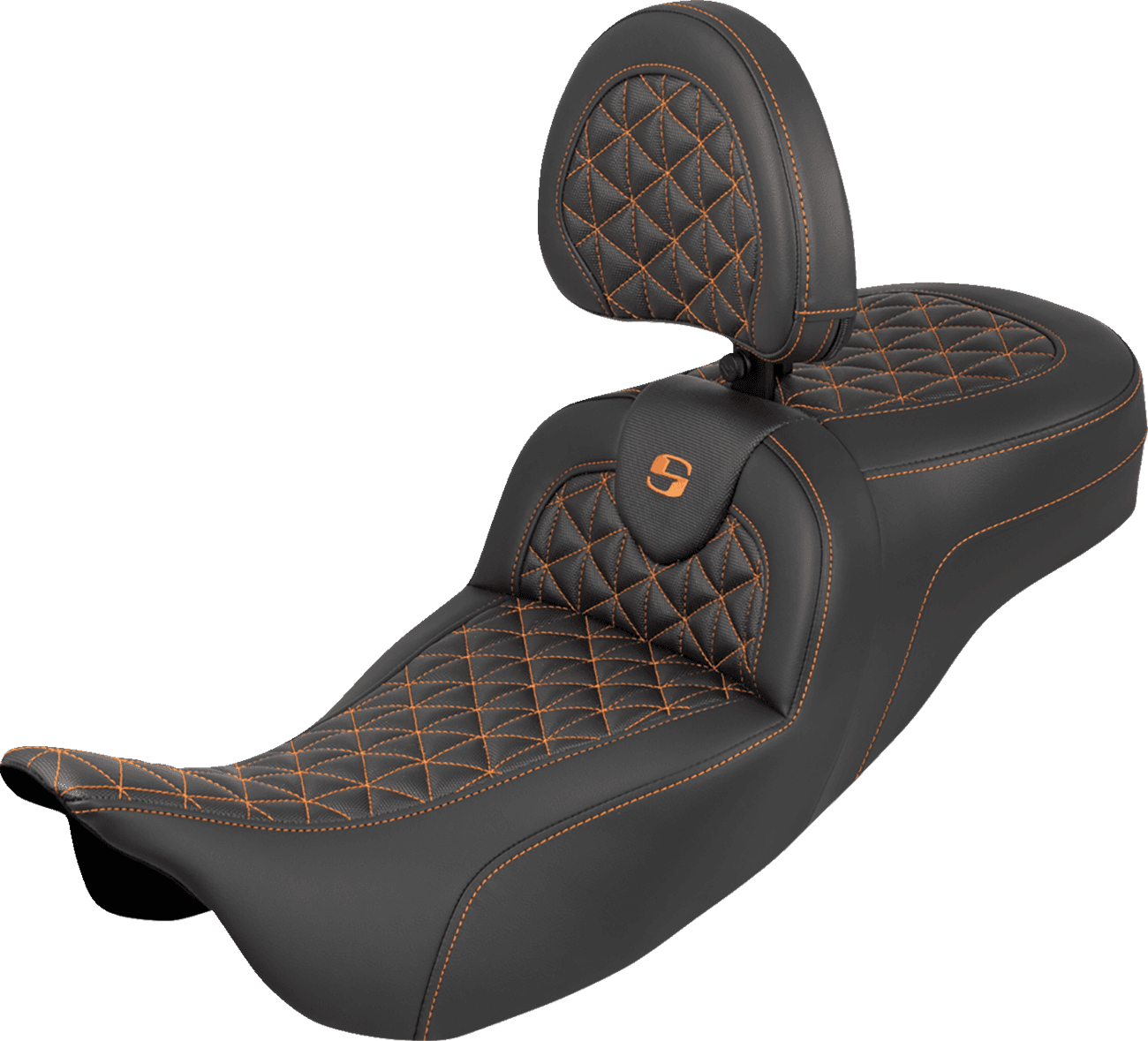 SADDLEMEN 0801-2207 RoadSofa™ Tri Gripper Seat - Extended Reach - Orange Stitch - w/ Backrest - FLH/FLT '08-'25