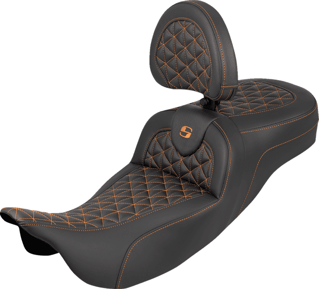 SADDLEMEN 0801-2207 RoadSofa™ Tri Gripper Seat - Extended Reach - Orange Stitch - w/ Backrest - FLH/FLT '08-'25