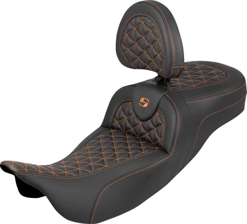 SADDLEMEN 0801-2207 RoadSofa™ Tri Gripper Seat - Extended Reach - Orange Stitch - w/ Backrest - FLH/FLT '08-'25
