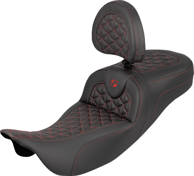 SADDLEMEN 0801-2208 RoadSofa™ Tri Gripper Seat - Extended Reach - Red Stitch - w/ Backrest - FLH/FLT '08-'25