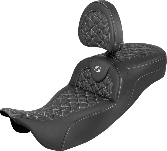 SADDLEMEN 0801-2209 RoadSofa™ Tri Gripper Seat - Extended Reach - Silver Stitch - w/ Backrest - FLH/FLT '08-'25