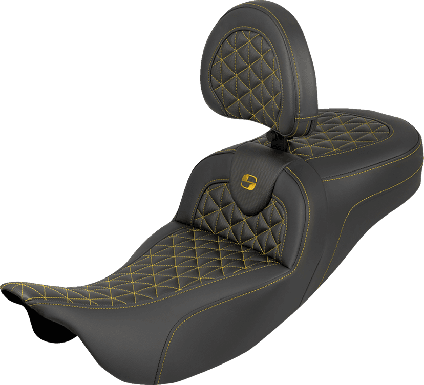 SADDLEMEN 0801-2211 RoadSofa™ Tri Gripper Seat - Standard Reach - Gold Stitch - w/ Backrest - FLH/FLT '08-'25
