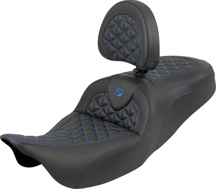 SADDLEMEN 0801-2212 RoadSofa™ Tri Gripper Seat - Standard Reach - Blue Stitch - w/ Backrest - FLH/FLT '08-'25