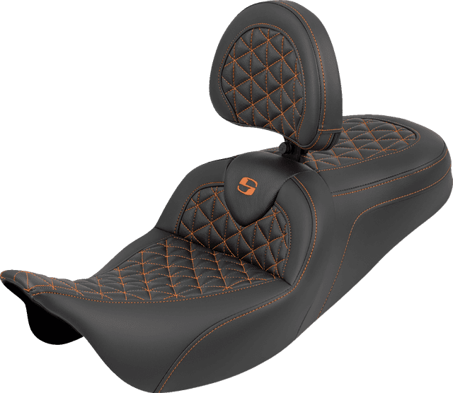 SADDLEMEN 0801-2214 RoadSofa™ Tri Gripper Seat - Standard Reach - Orange Stitch - w/ Backrest - FLH/FLT '08-'25