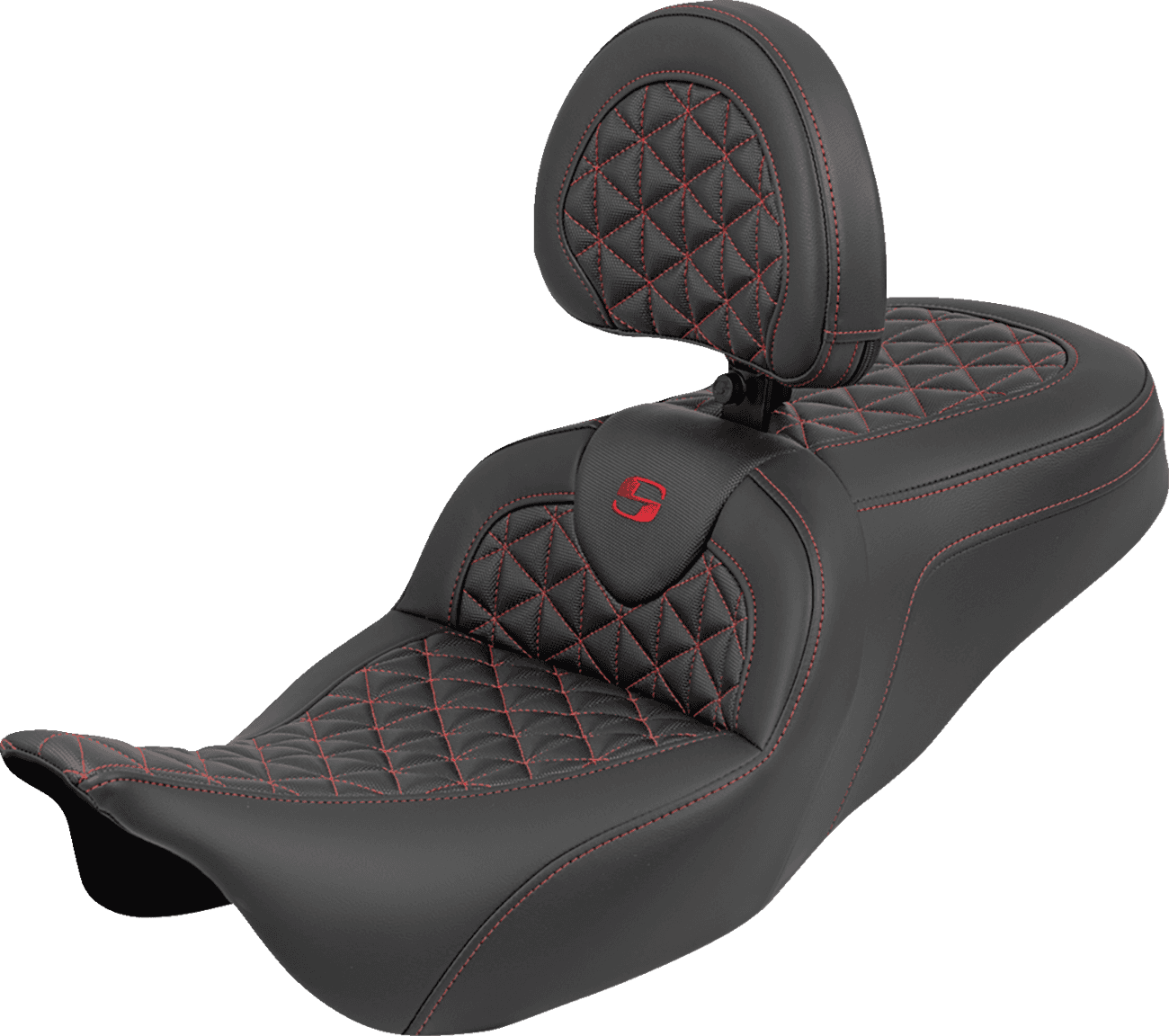 SADDLEMEN 0801-2215 RoadSofa™ Tri Gripper Seat - Standard Reach - Red Stitch - w/ Backrest - FLH/FLT '08-'25