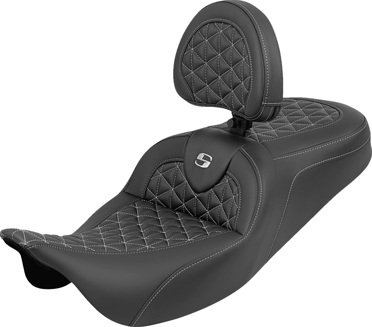 SADDLEMEN 0801-2216 RoadSofa™ Tri Gripper Seat - Standard Reach - Silver Stitch - w/ Backrest - FLH/FLT '08-'25